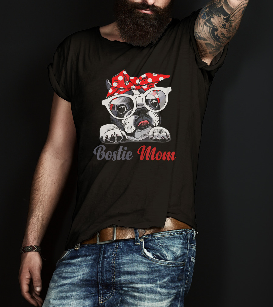 Bostie Mom Boston Terrier Dog With Red Polka Dot Bandana And Glasses T-Shirt