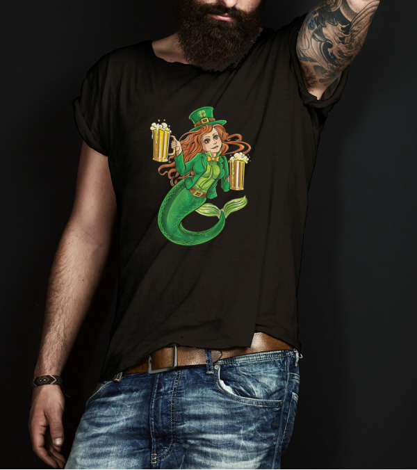 St Patricks Day Women Leprechaun Mermaid With Beer Mugs T-Shirt