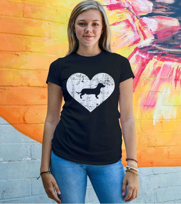 Distressed Dachshund Inside Heart Shape T-Shirt