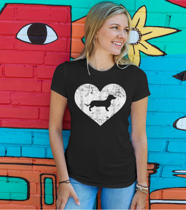 Distressed Dachshund Inside Heart Shape T-Shirt