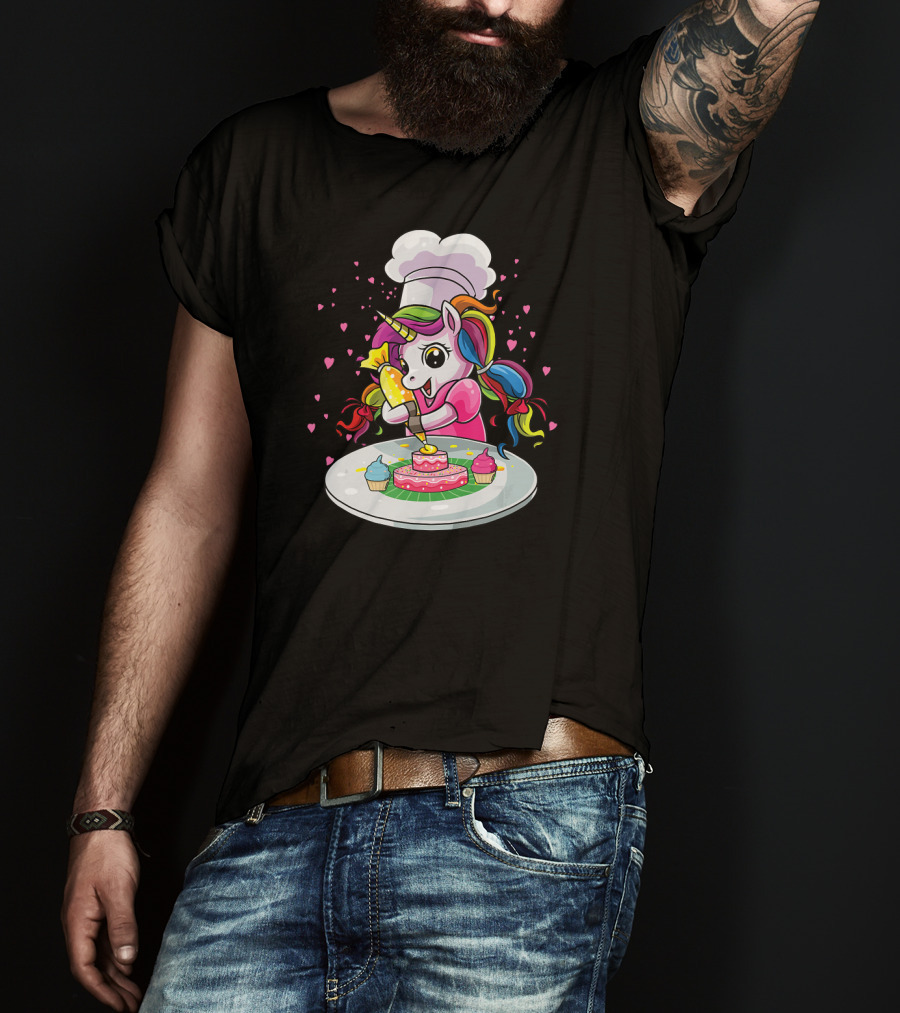 Unicorn Chef Decorating Colorful Cupcakes And Cake T-Shirt