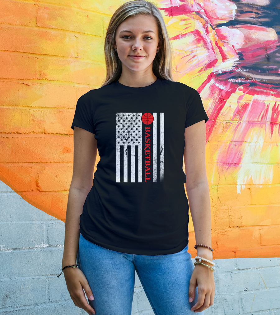 USA Red White Vintage American Flag Basketball T-Shirt