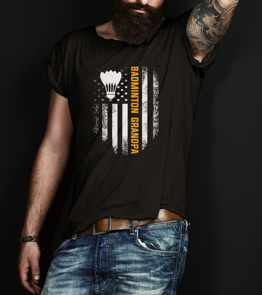 Vintage Badminton Grandpa American Flag T-Shirt