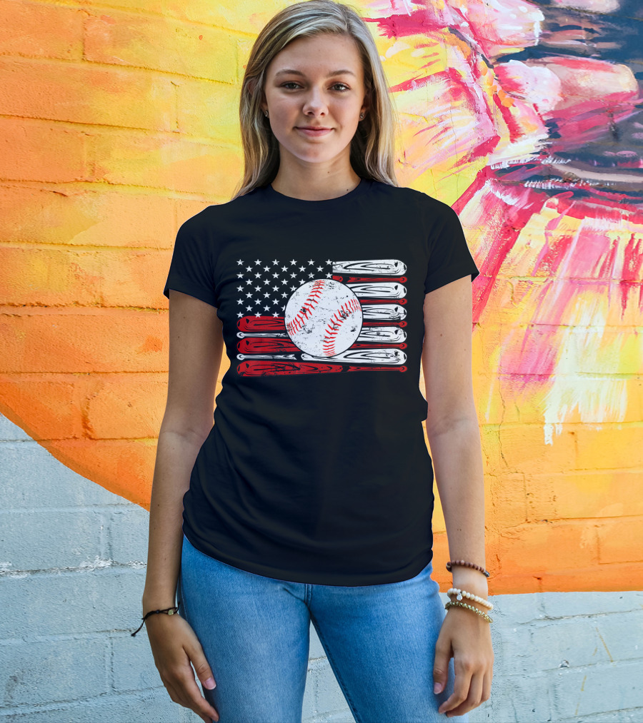 American Flag Vintage Baseball Bat Sports T-Shirt