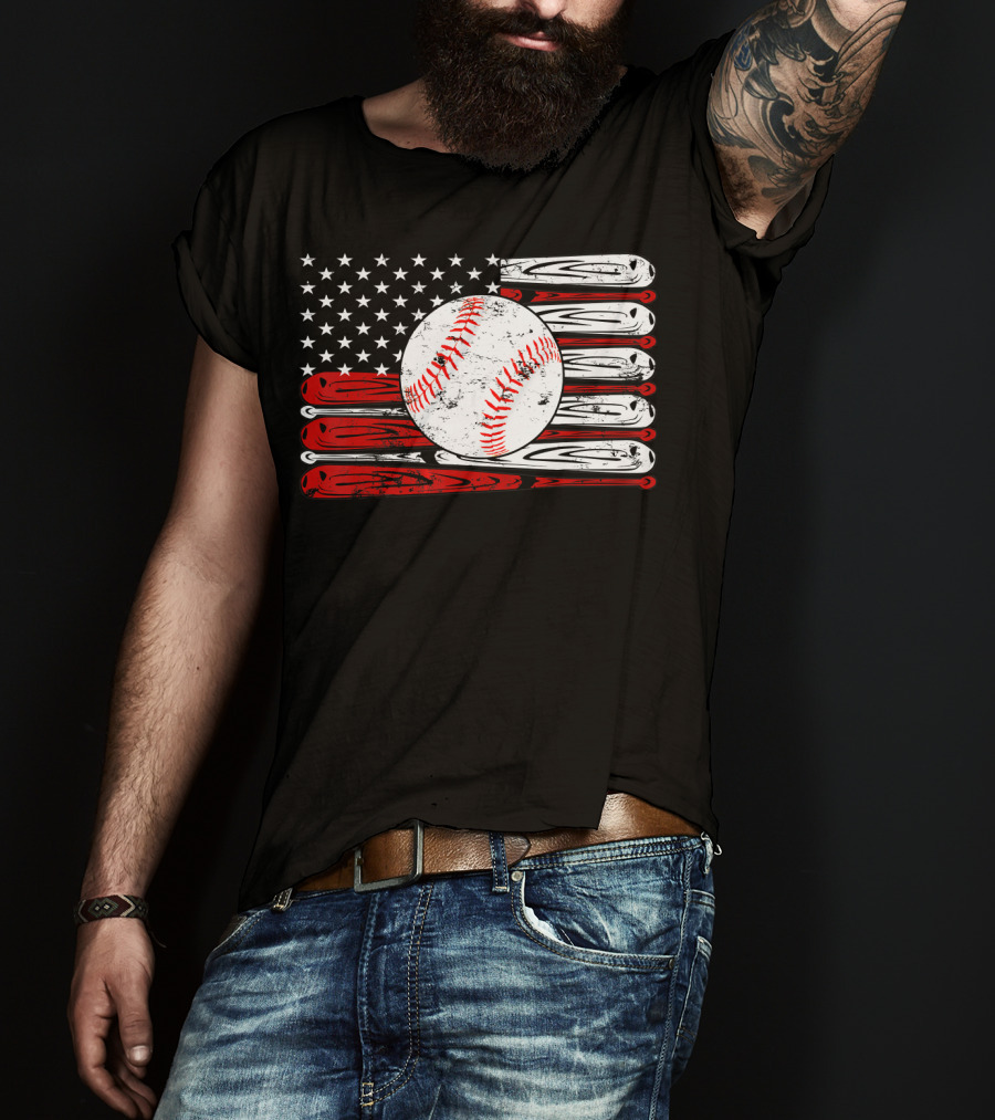 American Flag Vintage Baseball Bat Sports T-Shirt