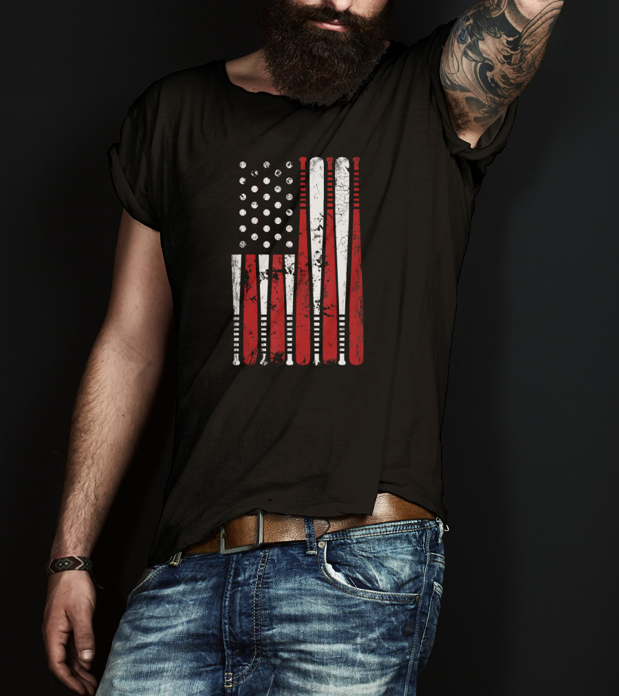 Vintage Baseball Bat Stars And Stripes USA Flag T-Shirt