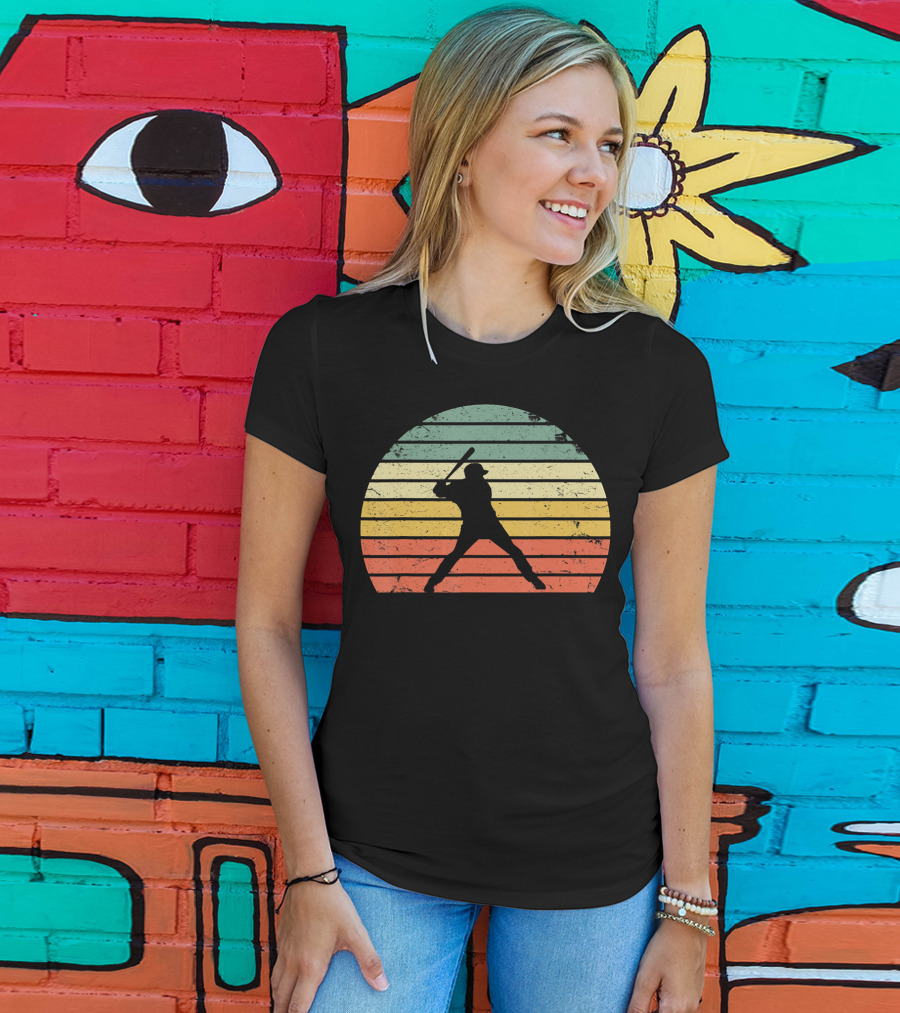 Vintage Baseball Batter Silhouette Retro Sunset Stripes T-Shirt