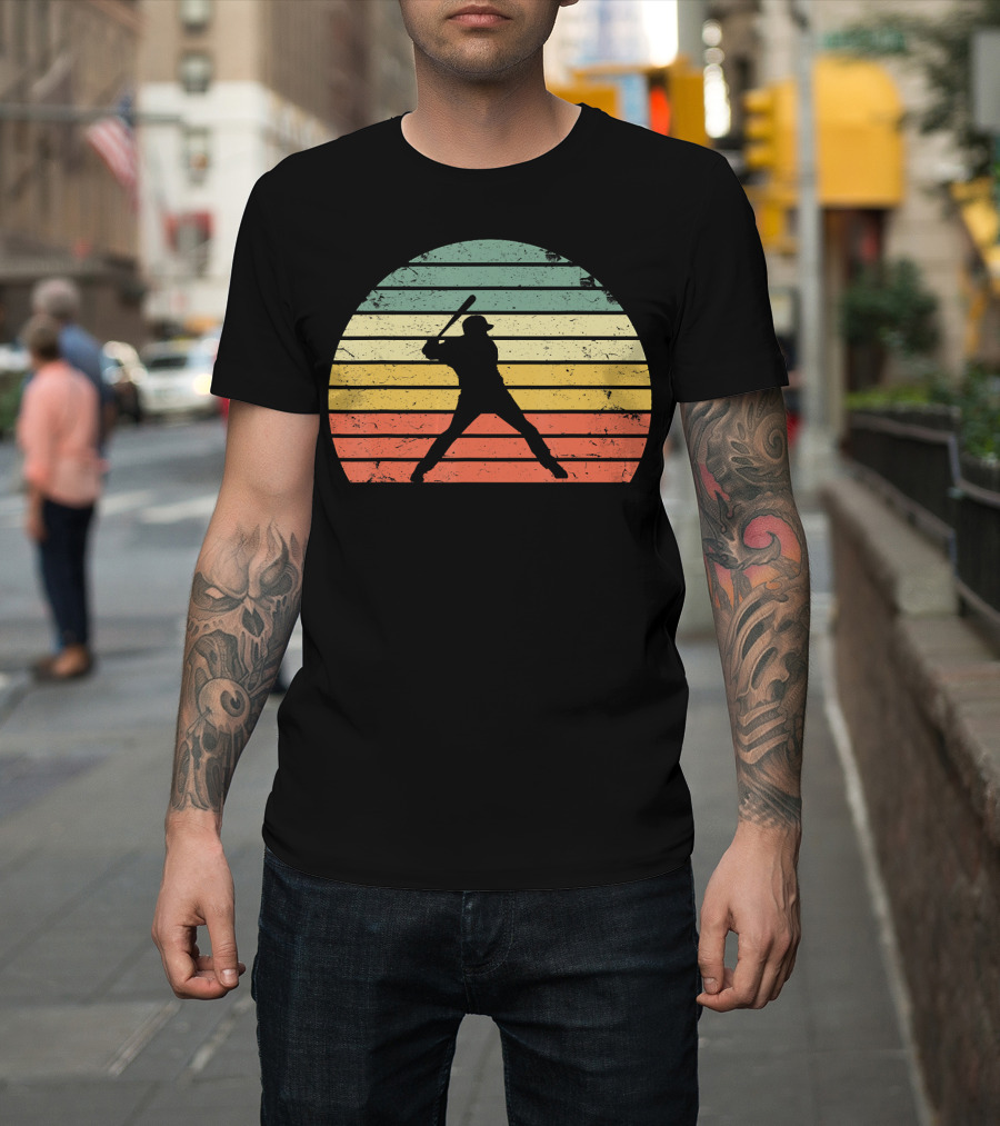 Vintage Baseball Batter Silhouette Retro Sunset Stripes T-Shirt