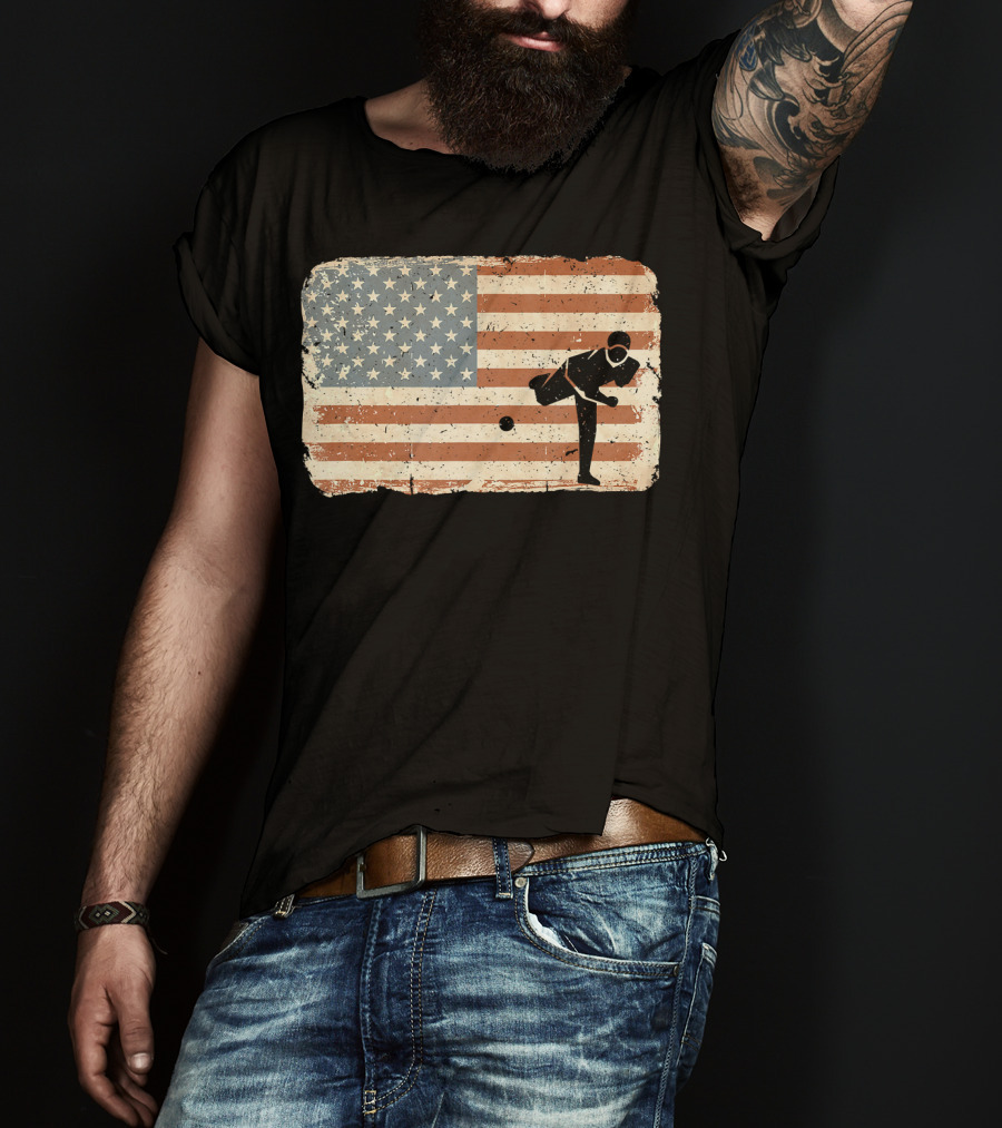 Vintage Baseball Pitcher Silhouette With American Flag Background T-Shirt