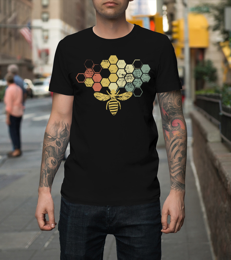 Vintage Beekeeper Honey Bee Retro Hexagonal Honeycomb T-Shirt