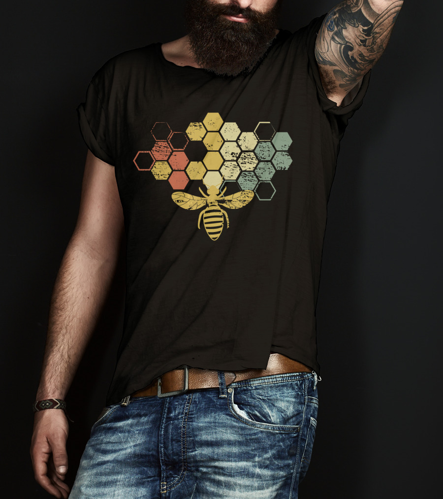 Vintage Beekeeper Honey Bee Retro Hexagonal Honeycomb T-Shirt
