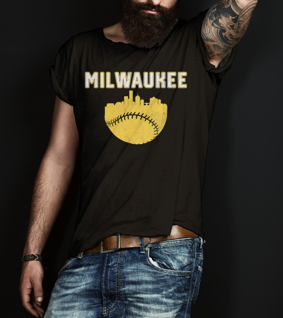 Milwaukee Wisconsin Cityscape Vintage Baseball Skyline T-Shirt