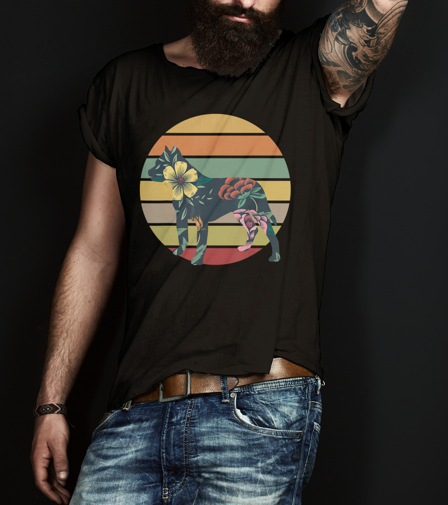 Vintage Floral Pitbull Silhouette Sunset Stripes T-Shirt