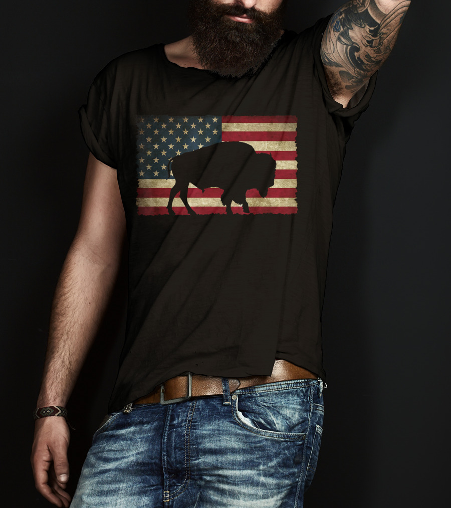 Vintage Buffalo Silhouette Over American Flag USA T-Shirt