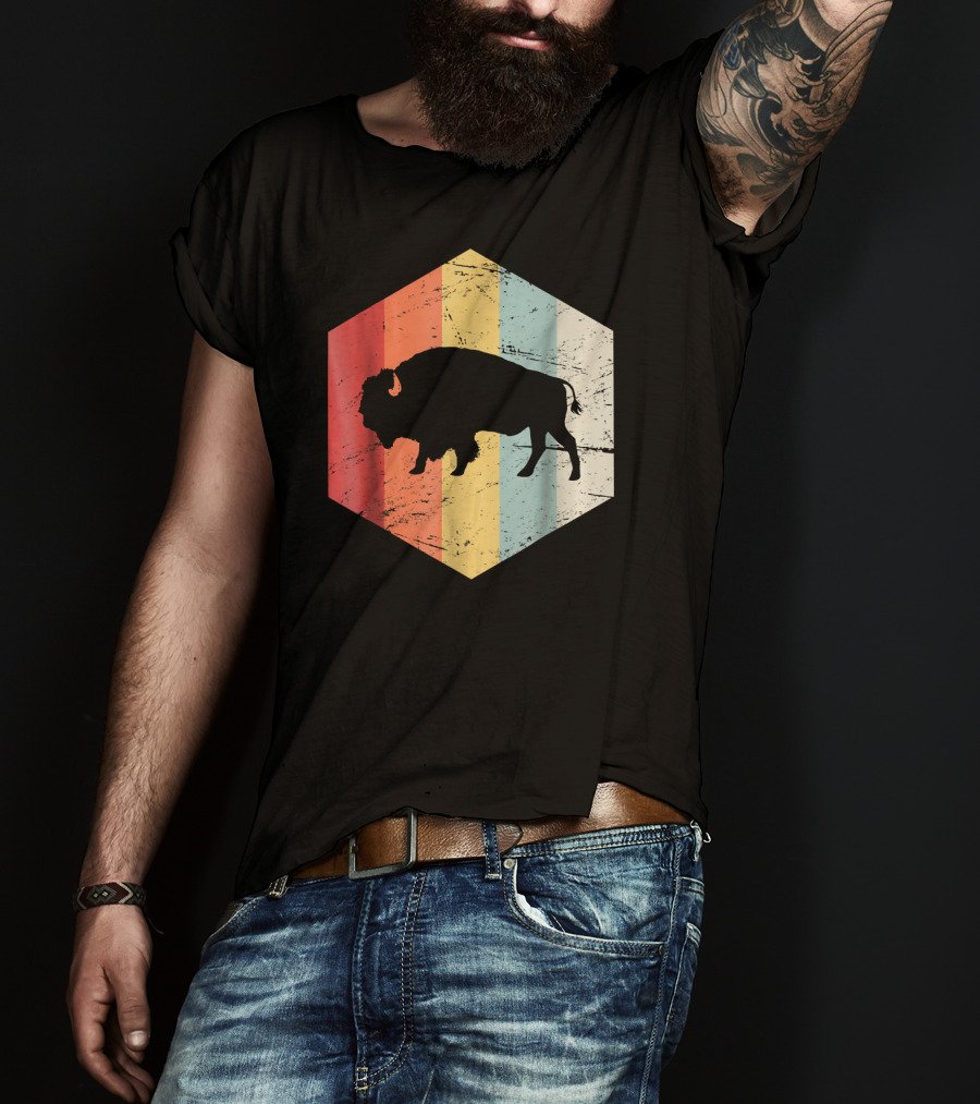 Vintage Buffalo Silhouette Retro Stripes Hexagon T-Shirt