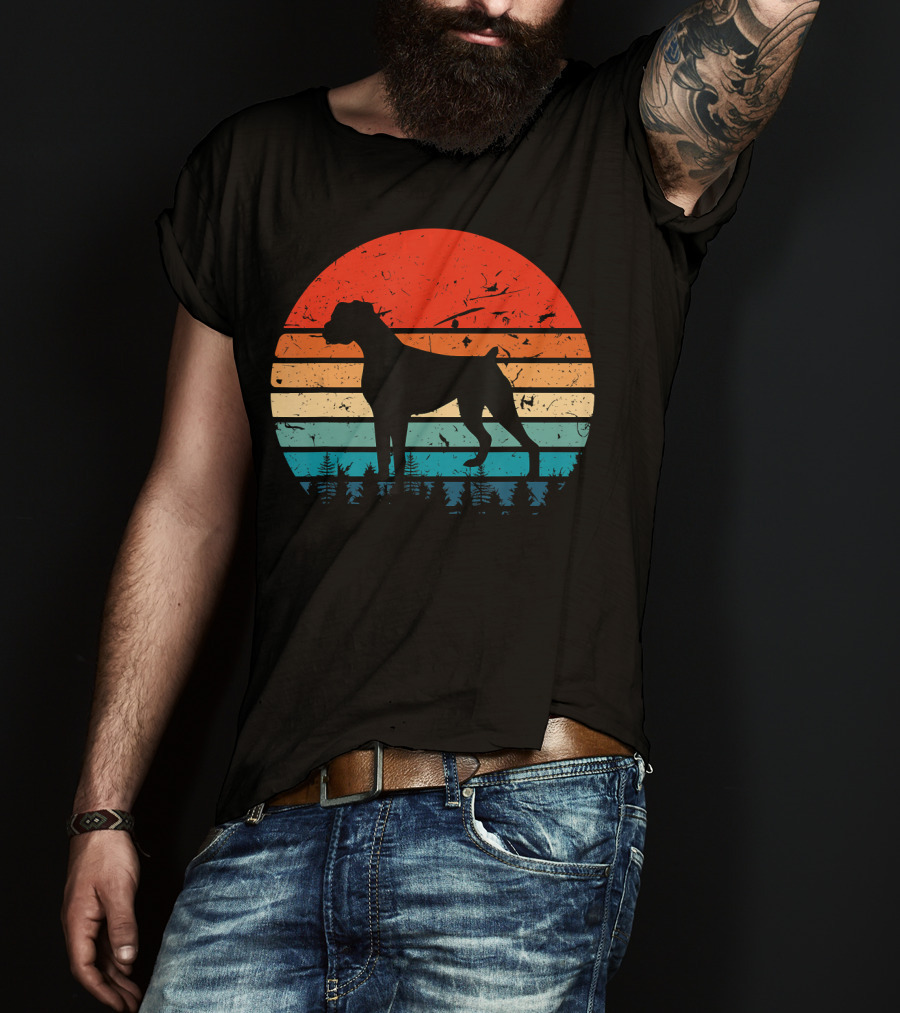 Vintage Boxer Dog Silhouette Retro Sunset Stripes Forest Scene T-Shirt