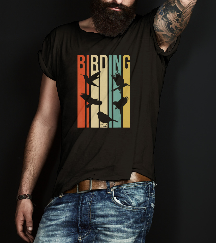 Vintage Style Birding For Birders With Bird Silhouettes On Colorful Stripes T-Shirt
