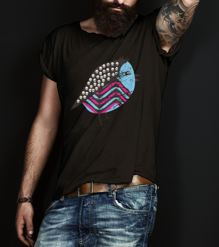 Weird Monster Tiny Bird With Skulls And Colorful Stripes T-Shirt