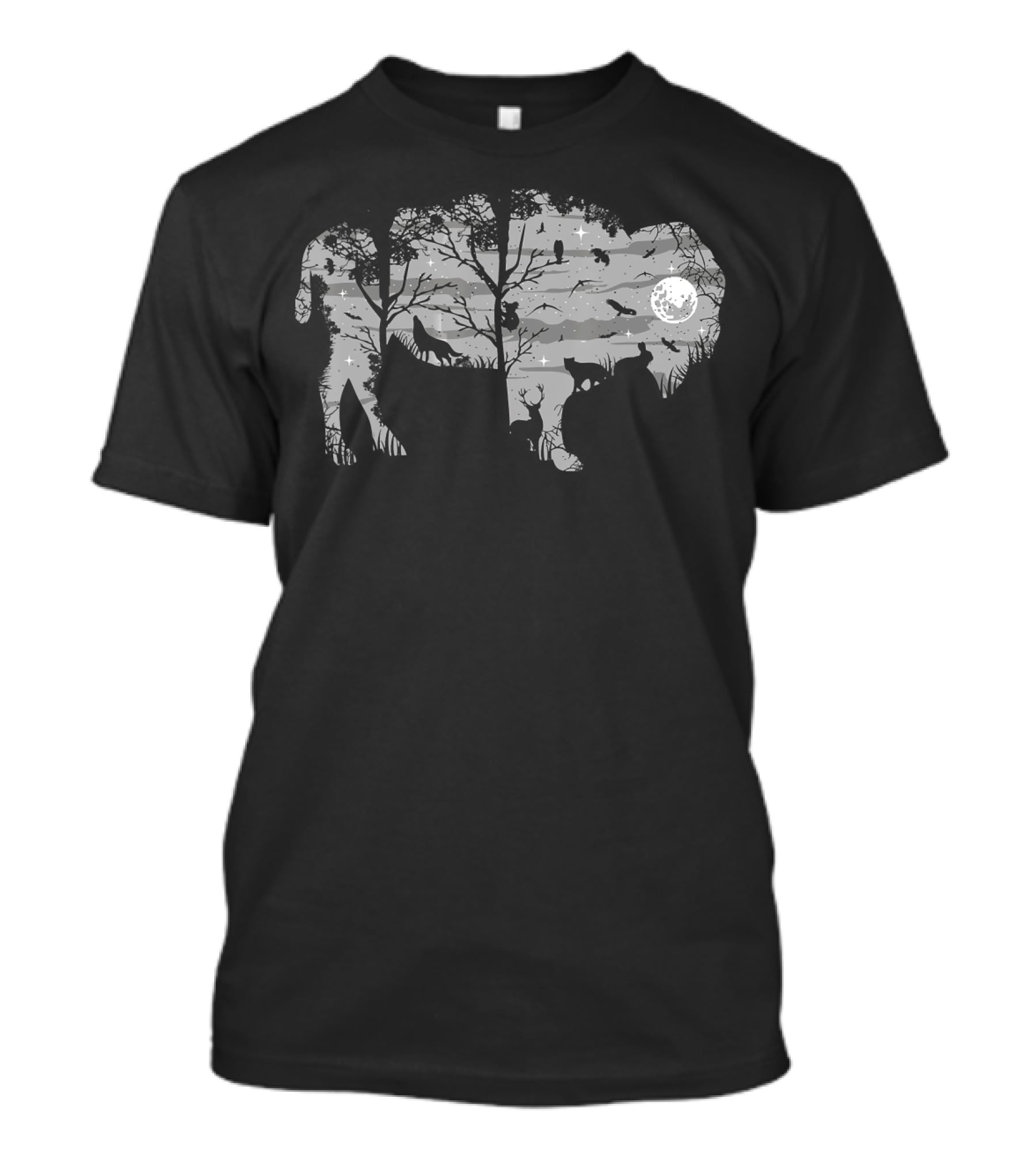 Wild Bison American Buffalo Wilderness Moonlit Forest Scene T-Shirt