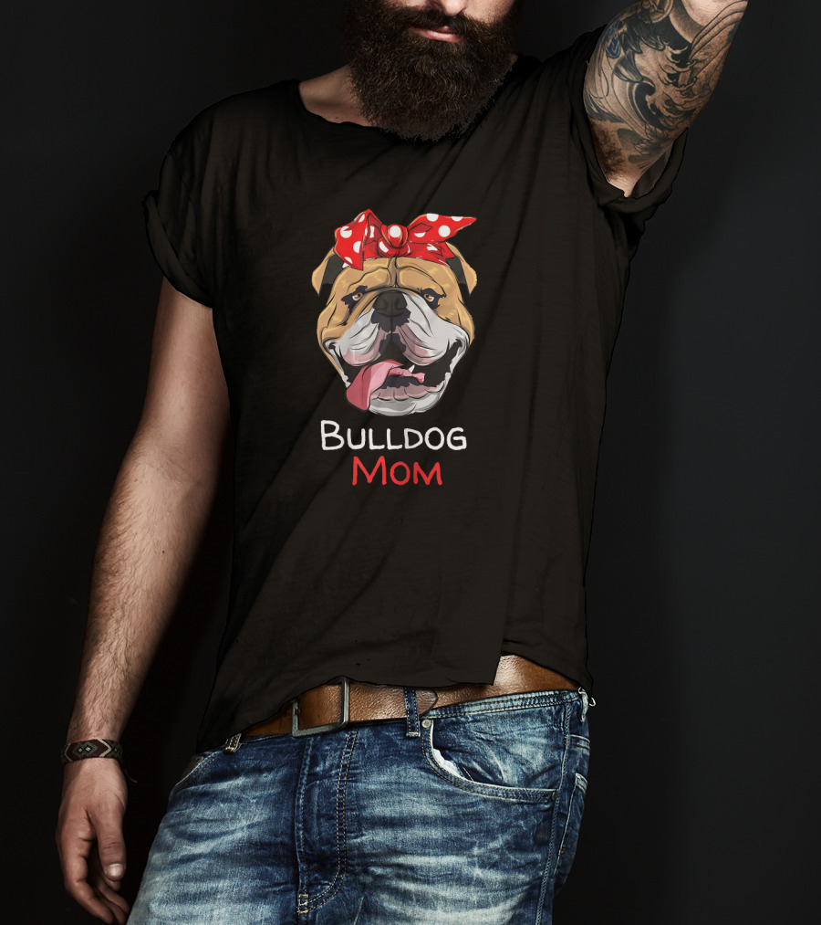 Bulldog Mom Funny English Bulldog With Red Polka Dot Bow T-Shirt