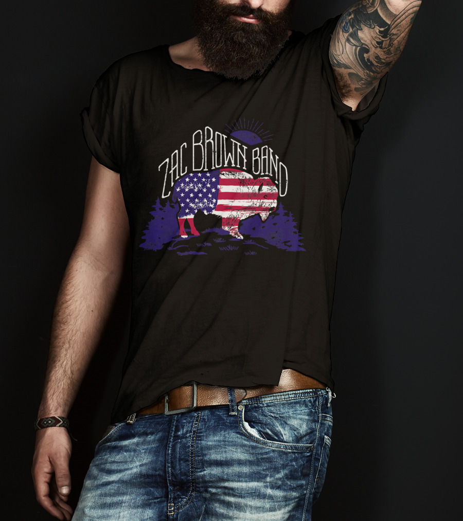 Zac Brown Band American Flag Buffalo With Night Sky And Forest T-Shirt