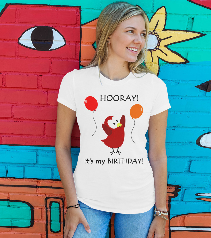 Hooray It's My Birthday Sammy Bird With Red And Orange Balloons T-Shirt