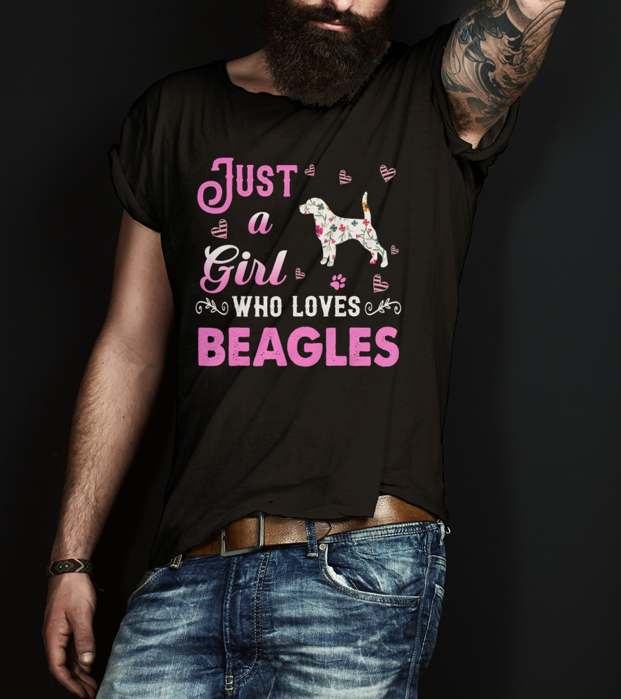 Just A Girl Who Loves Beagles With Floral Dog And Pink Hearts T-Shirt