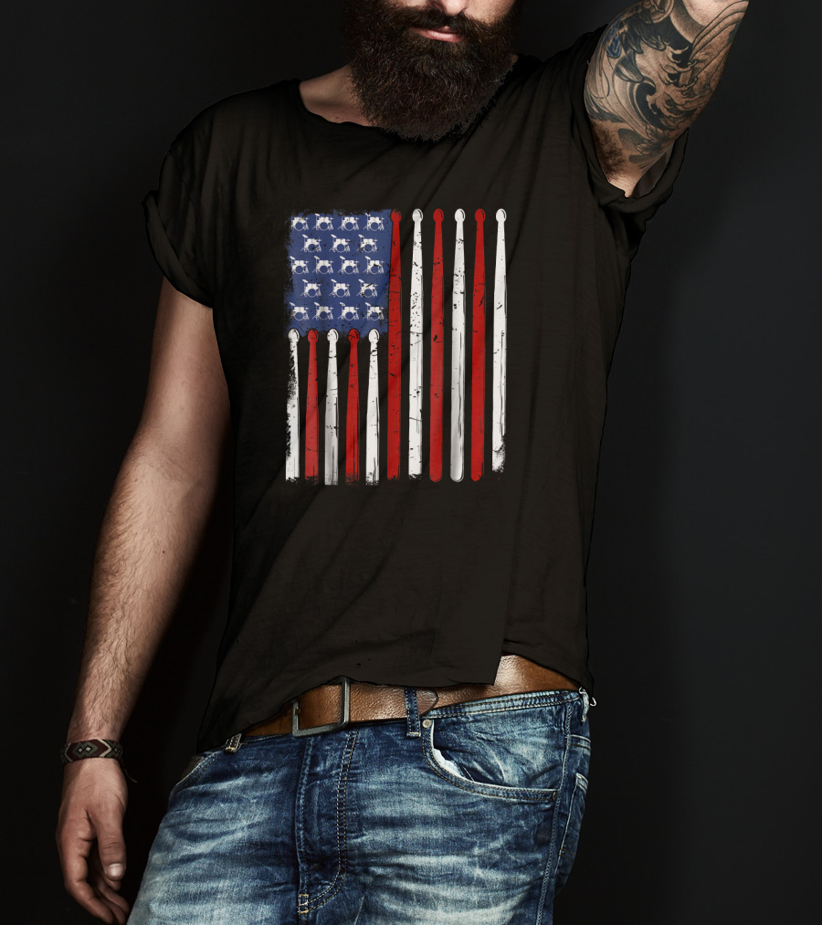 American Flag Made Of Drumsticks Vintage Drummer T-Shirt