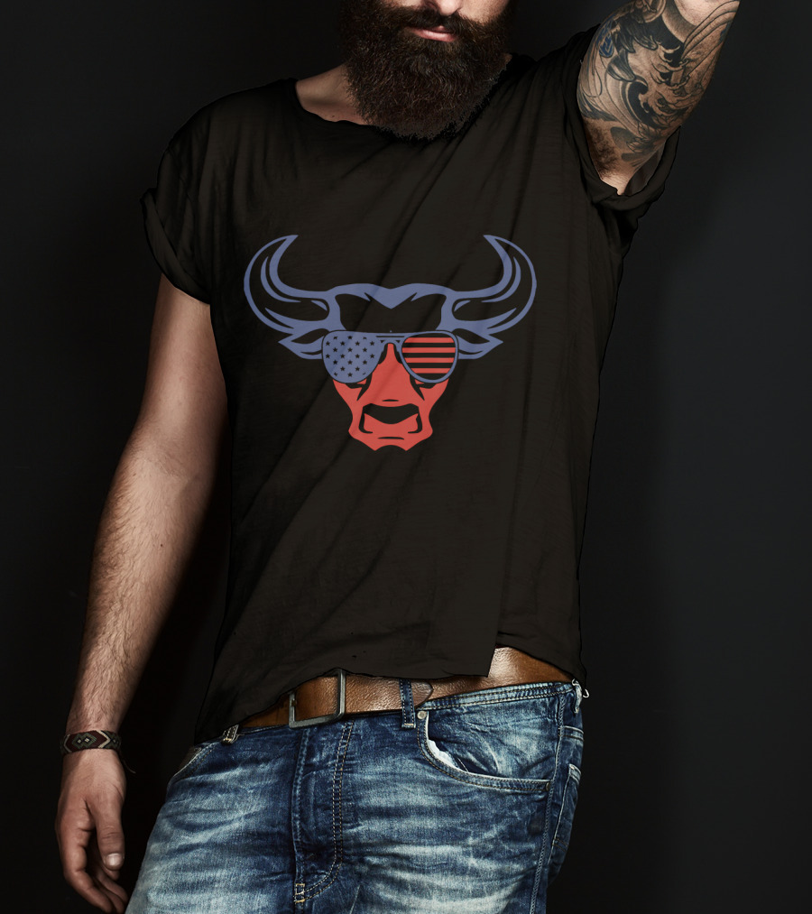 Patriotic American Rodeo Bull With Stars And Stripes Sunglasses T-Shirt