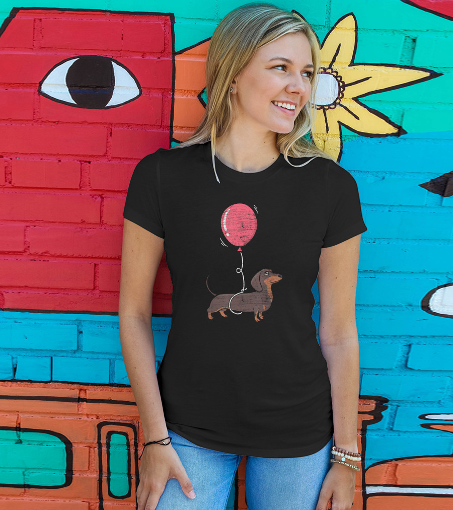 Balloon Dachshund Sketch With Red Balloon And Brown Dog Balloon Dachshund T-Shirt