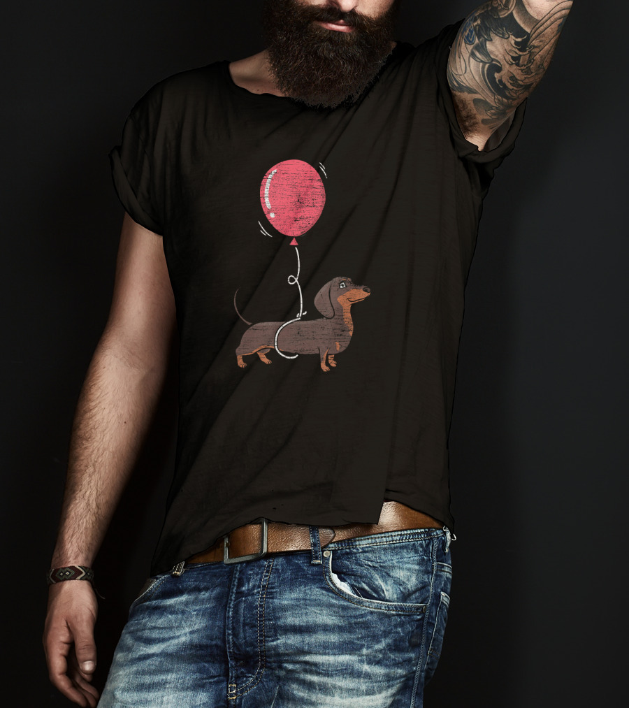 Balloon Dachshund Sketch With Red Balloon And Brown Dog Balloon Dachshund T-Shirt