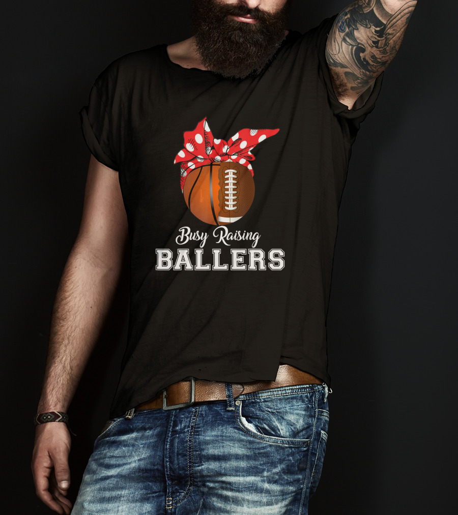 Basketball Football Busy Raising Ballers Polka Dot Bandana Typography T-Shirt