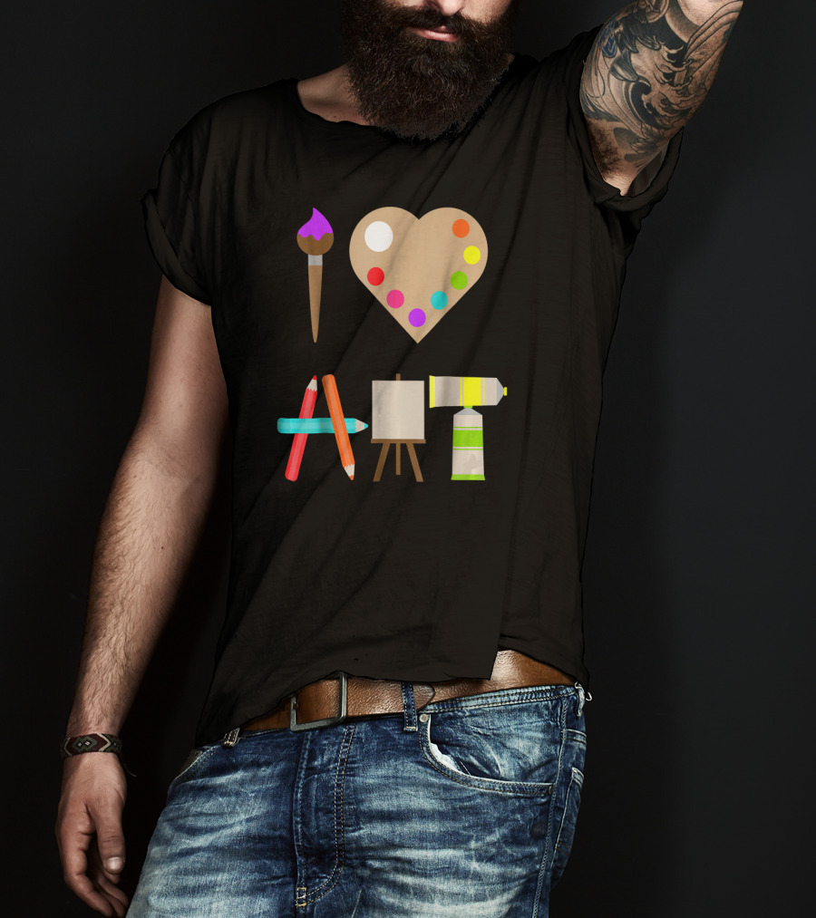 I Love Art Fun Colorful Future Artist Heart Palette Paintbrush Pencils Easel Tube T-Shirt
