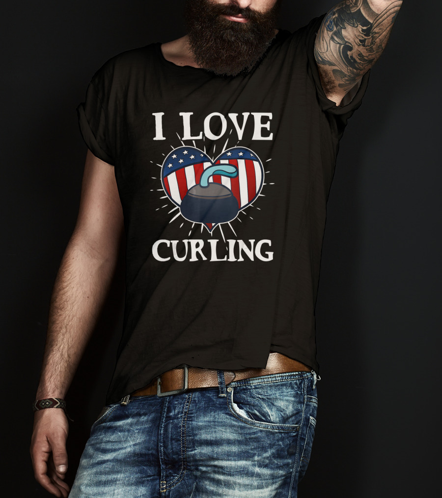 I Love Curling Funny Awesome Ice Sport Love USA Flag Heart T-Shirt