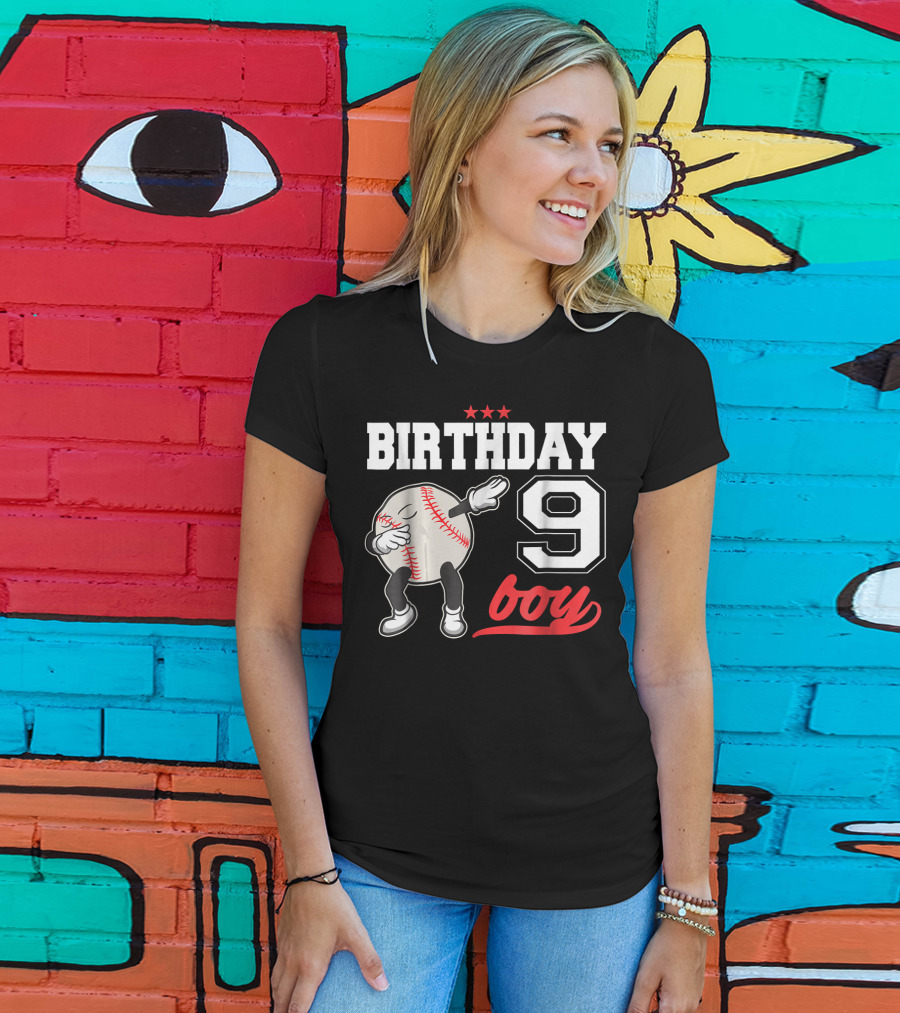 Birthday Boy 9 Year Old Dabbing Baseball T-Shirt