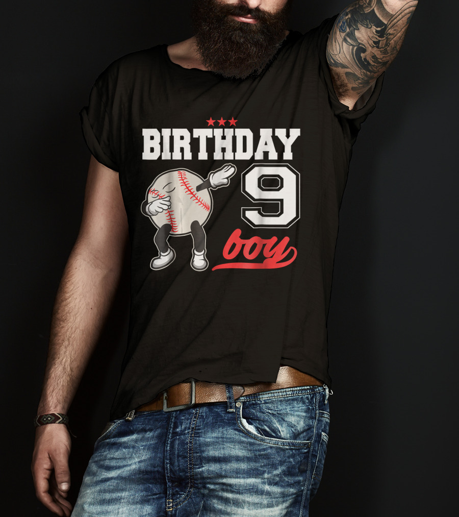 Birthday Boy 9 Year Old Dabbing Baseball T-Shirt