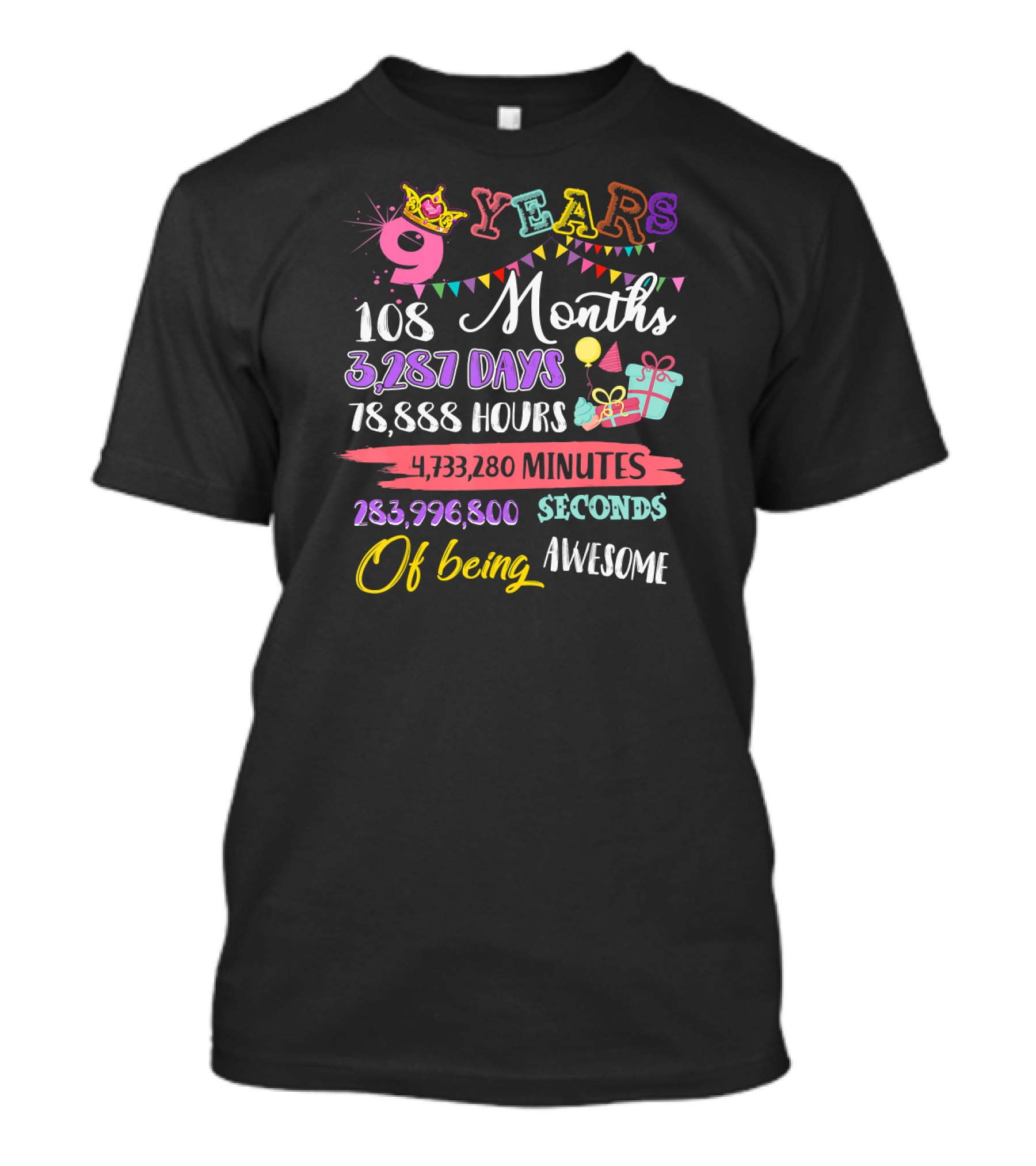 9 Years Birthday Celebration For Girls With Crown And Gifts T-Shirt