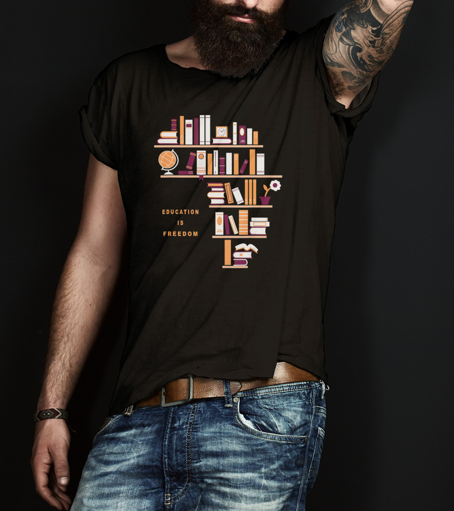 Africa Education Is Freedom Book Shelf Library Globe T-Shirt