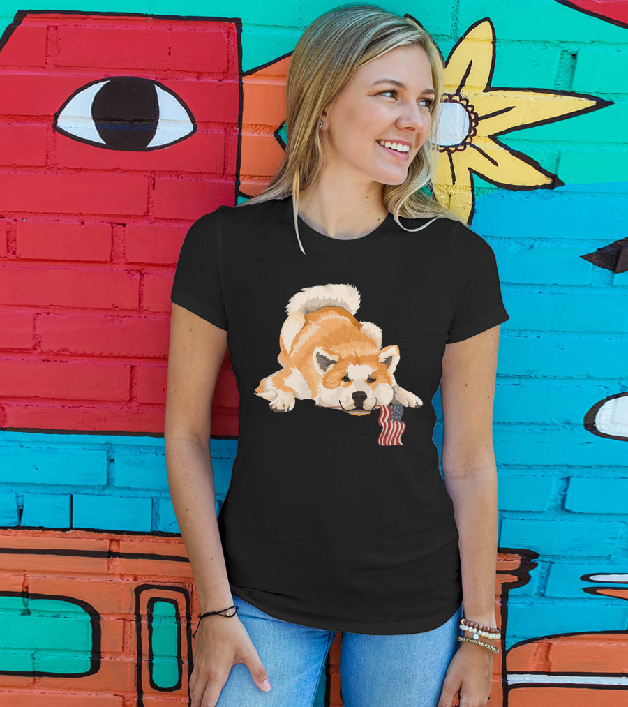 Akita Dog Lover With American Flag Motif T-Shirt