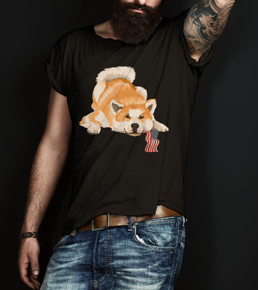 Akita Dog Lover With American Flag Motif T-Shirt
