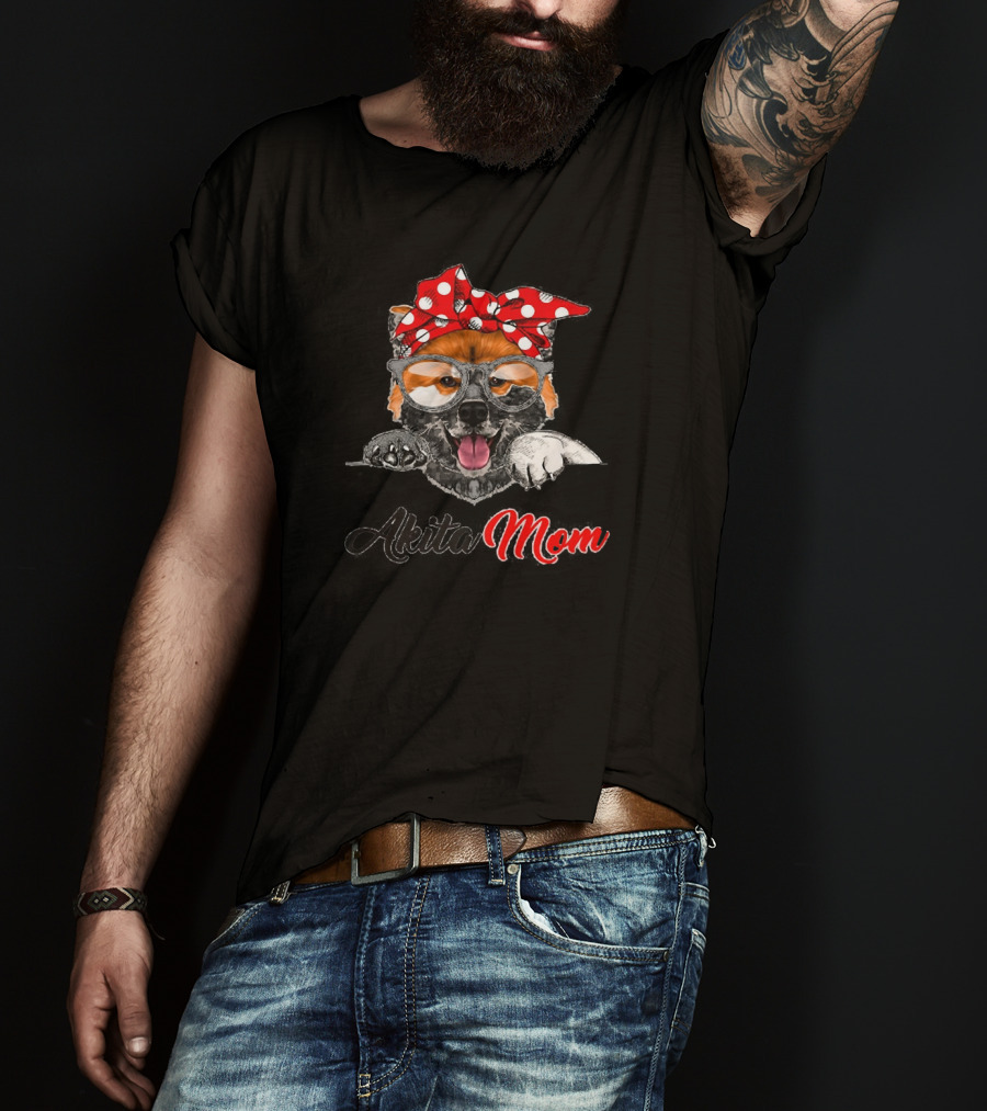Akita Mom Funny Dog With Red Polka Dot Bow And Glasses T-Shirt