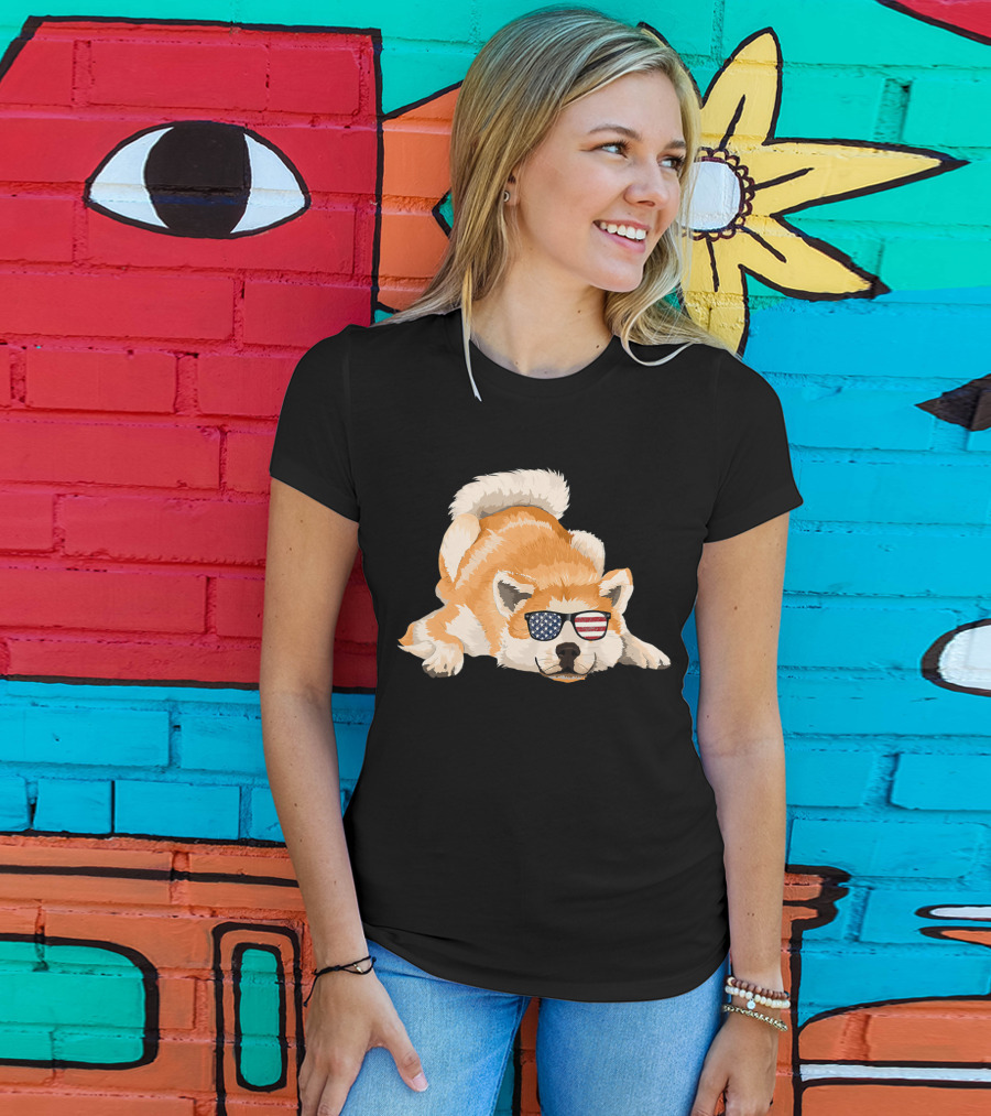Akita Inu Wearing American Flag Sunglasses Playful Pose T-Shirt