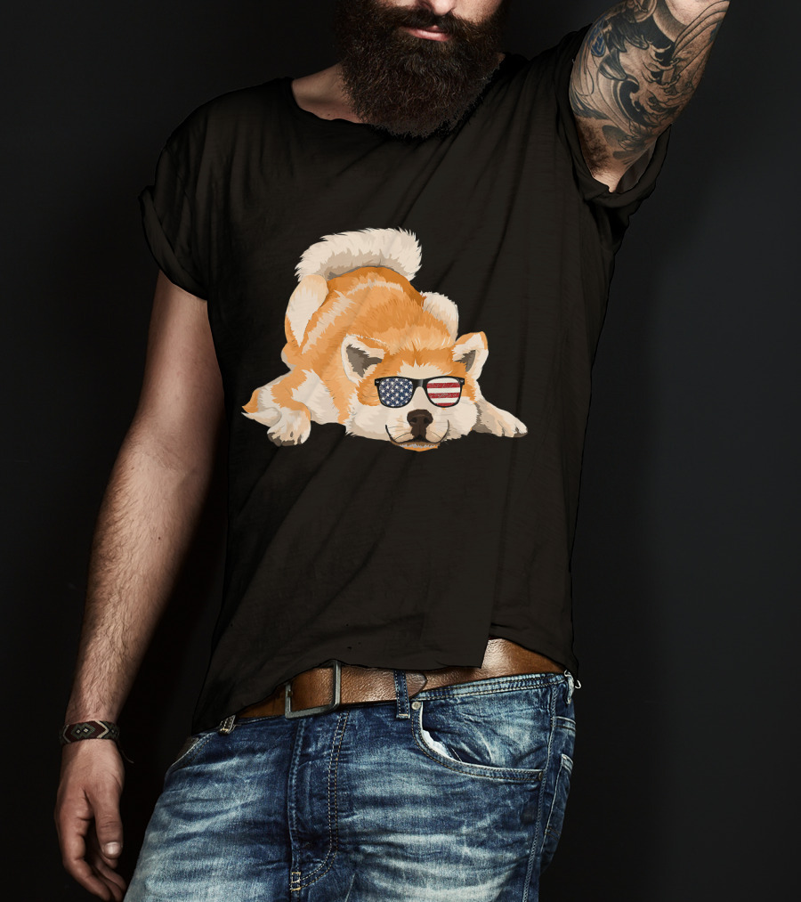 Akita Inu Wearing American Flag Sunglasses Playful Pose T-Shirt
