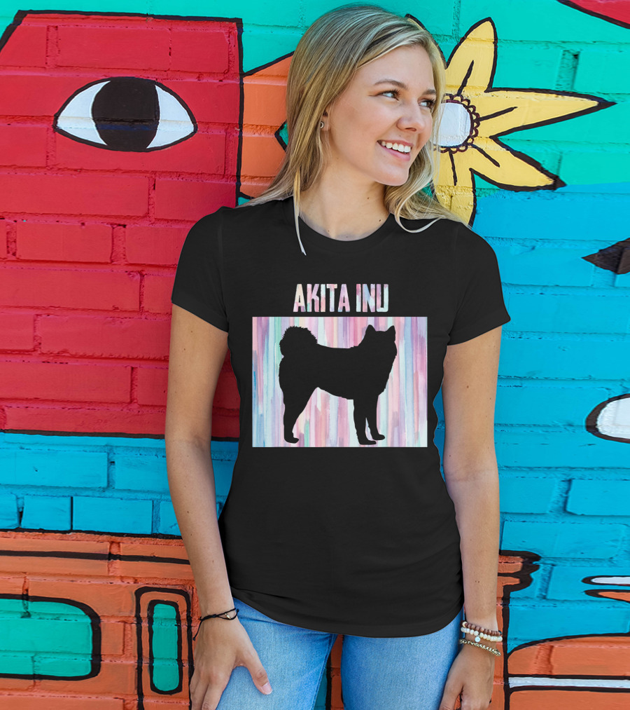 AKITA INU Silhouette On Pastel Watercolor Stripes T-Shirt