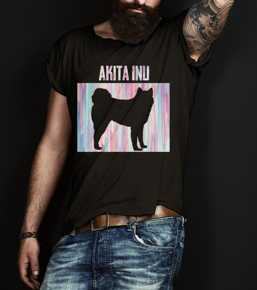 AKITA INU Silhouette On Pastel Watercolor Stripes T-Shirt