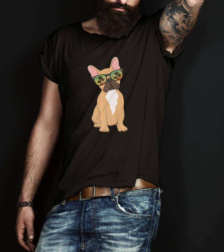 Aloha Beach French Bulldog With Vintage Sunglasses And Palm Trees T-Shirt