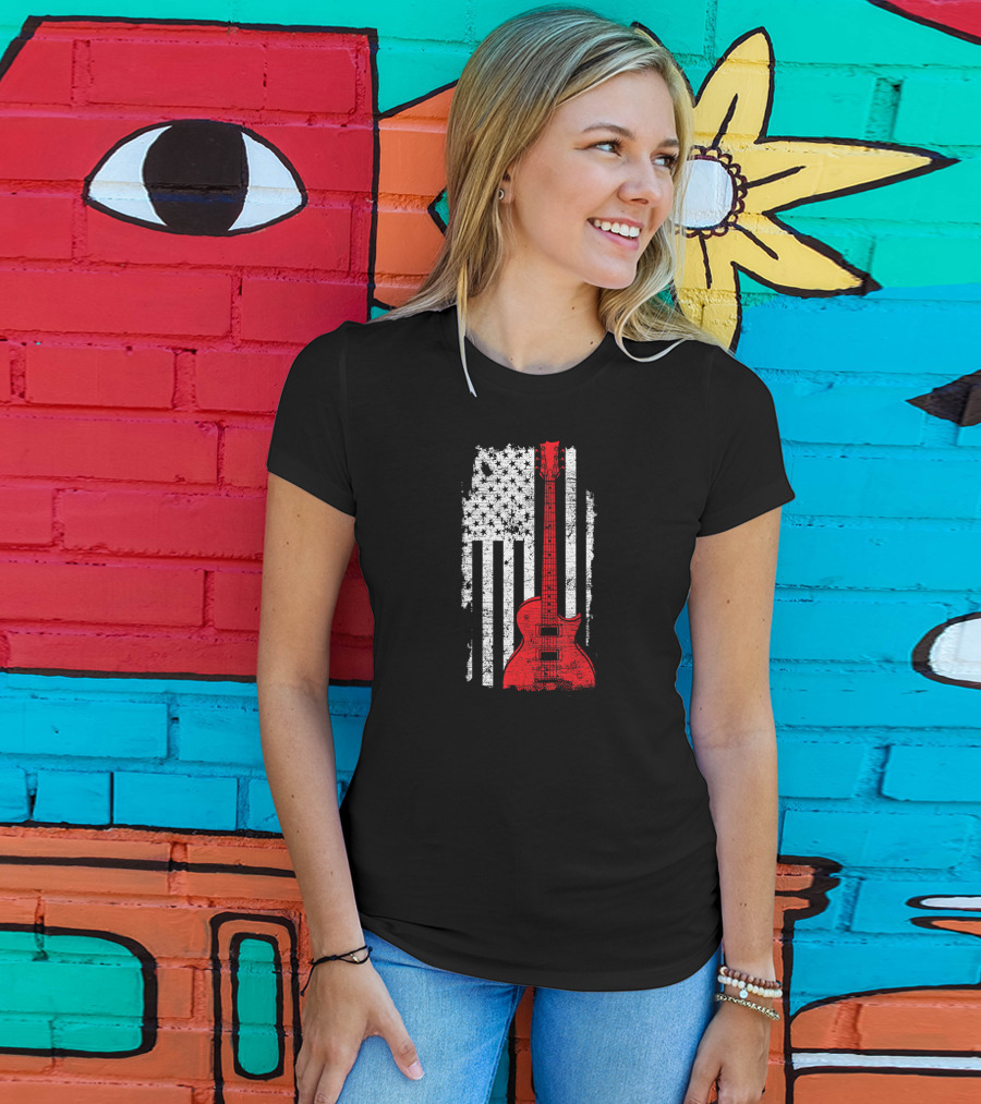 Red Guitar American Flag USA Music T-Shirt