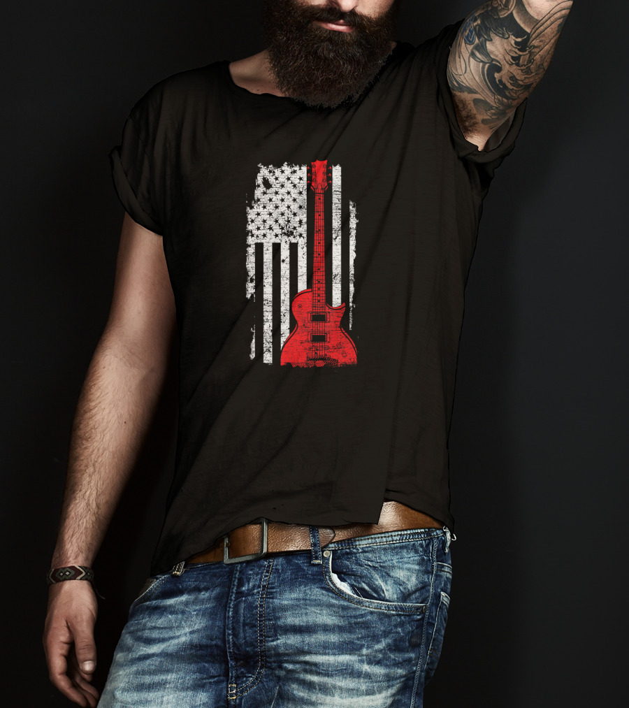 Red Guitar American Flag USA Music T-Shirt