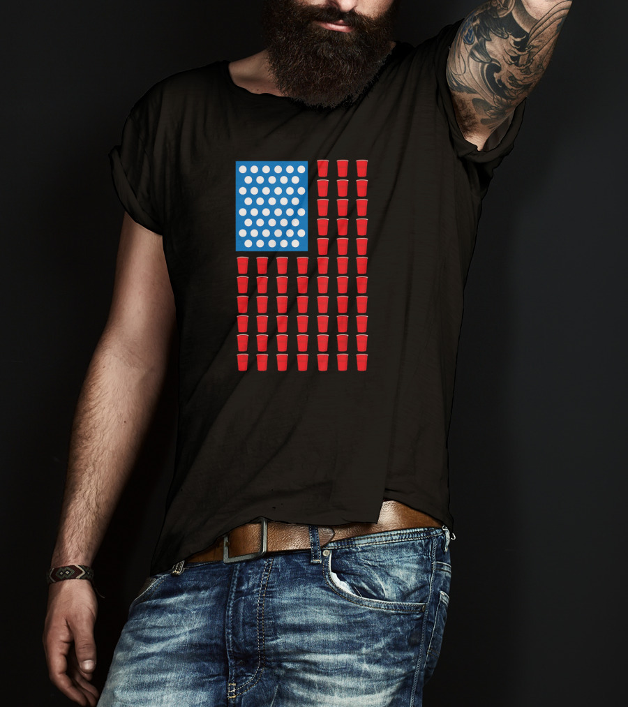 American Flag Beer Pong Red Cup Pattern Patriotic Party T-Shirt