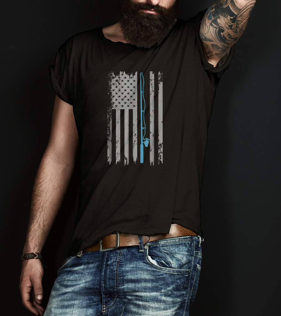 American Flag Fishing Rod Stars Stripes Blue Line T-Shirt